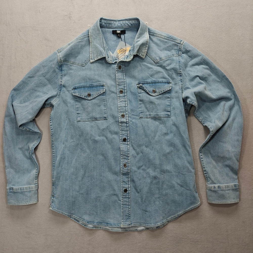 FRYE Mens Denim Western Shirt Long Sleeve Blue Button Up Size Medium Country NWT